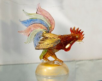 Pair of roosters in Murano glass, Murano glass sculptures, ornament for decoration, colorful roosters