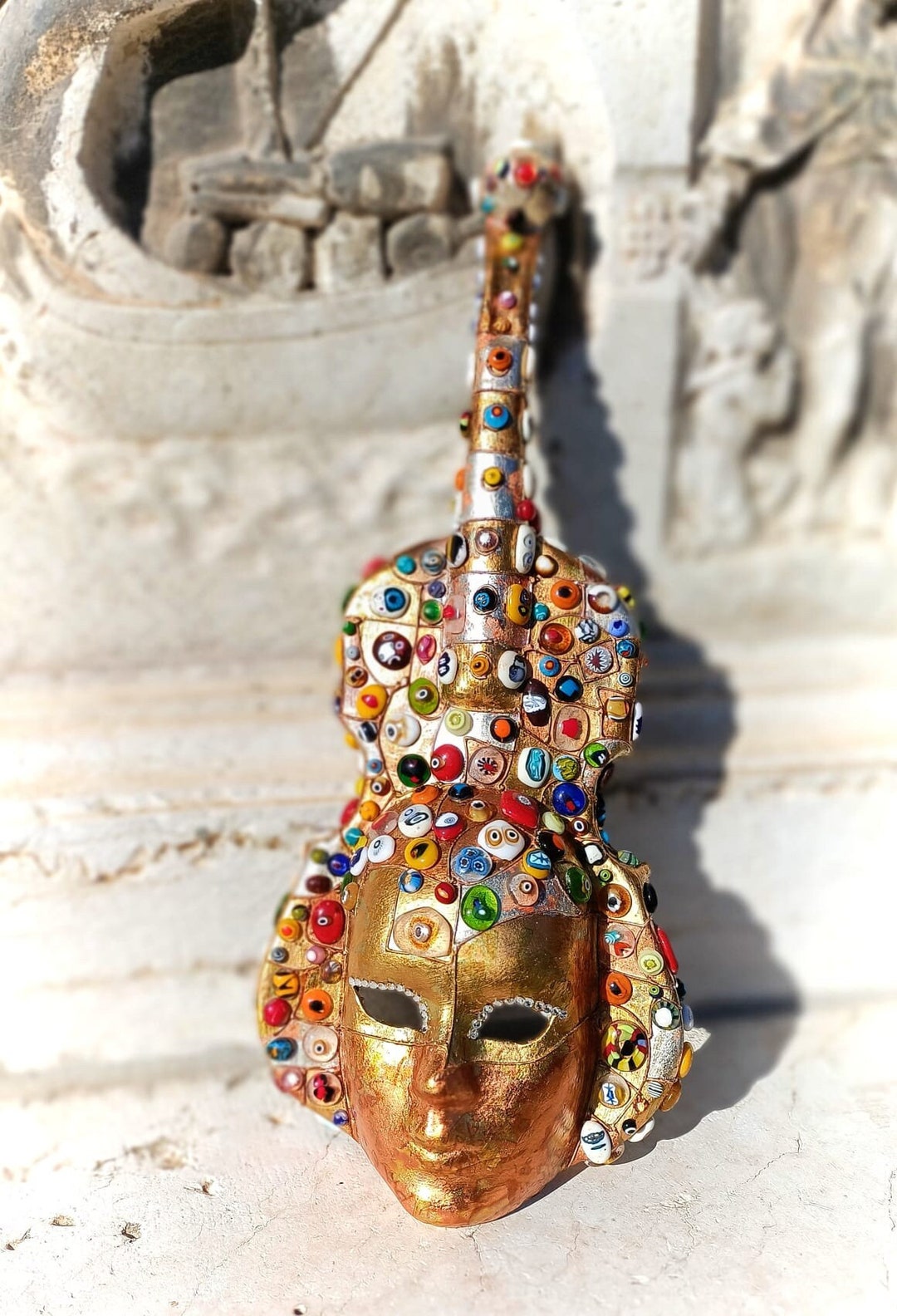 Papiermâché Violin and Multicolored Murano Glass Murrine. Murano Glass