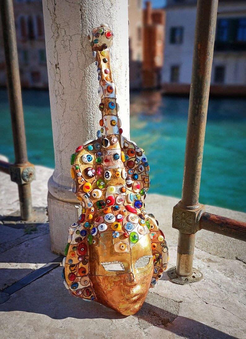 Papiermâché Violin and Multicolored Murano Glass Murrine. Murano Glass