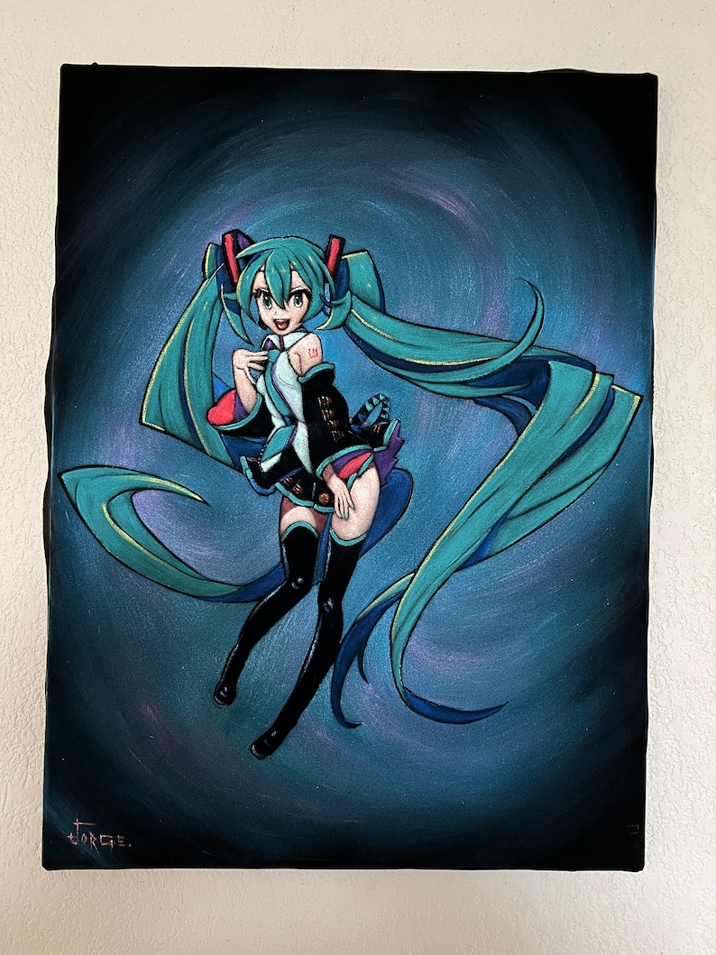 Hatsune miku Anime Figure Vocaloid black velvet Oil Painting Hand Painted Art image 2