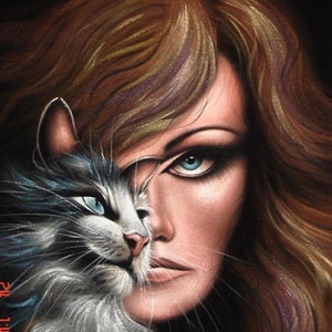 Catwoman cat lady black velvet oil painting handpainted signed art