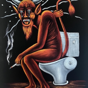 Satan red devil on the toilet restroom black velvet oil painting hand painted signed art