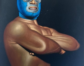 Blue Demon Mexican wrestling luchador black velvet original oil painting hand painted signed lucha libre art 18 by 24 inches