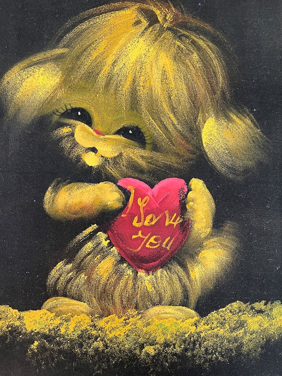 Cute furry Cat vintage black velvet oil painting art