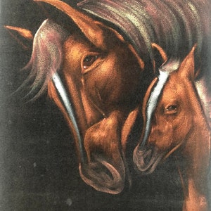 Brown Horses Baby And Momma vintage black velvet oil painting art