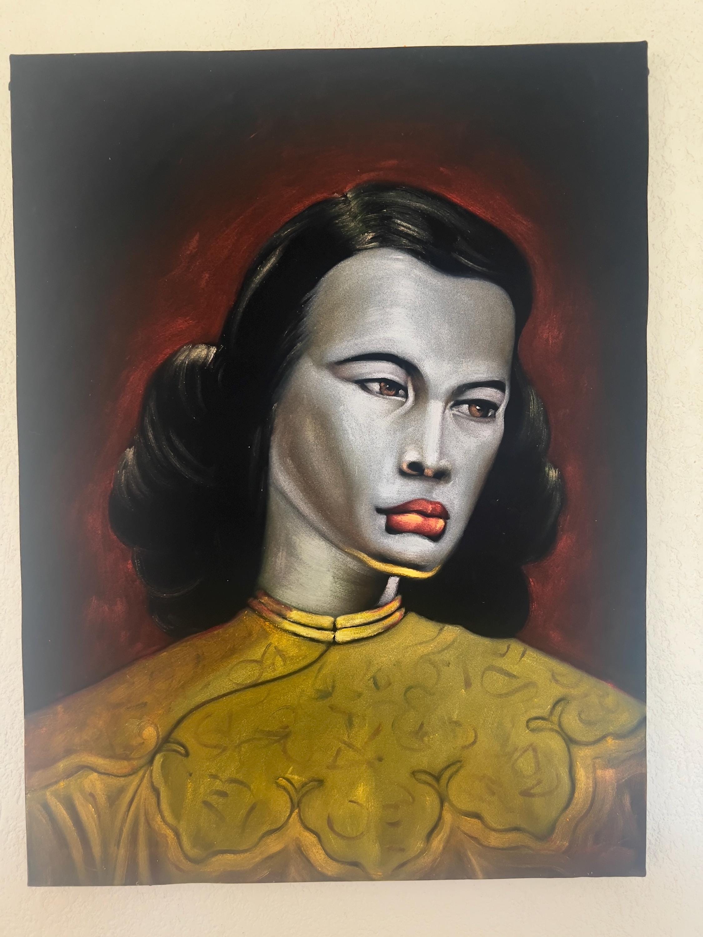 絵画 Velvet Chinese Girl the Green Lady Black Velvet Oil Painting Signed Art