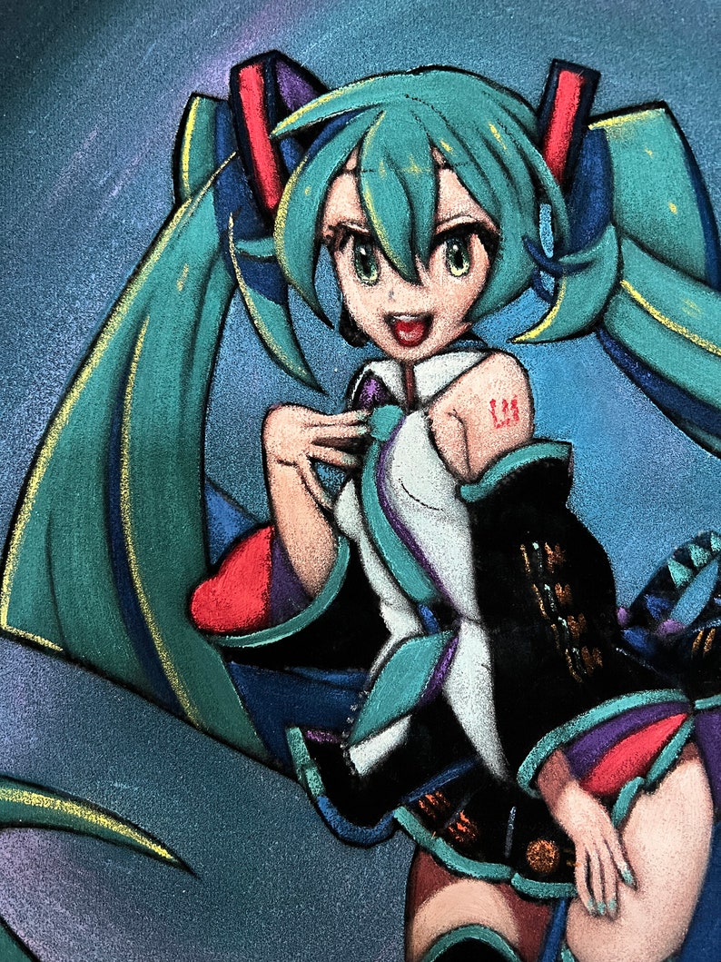 Hatsune miku Anime Figure Vocaloid black velvet Oil Painting Hand Painted Art image 5
