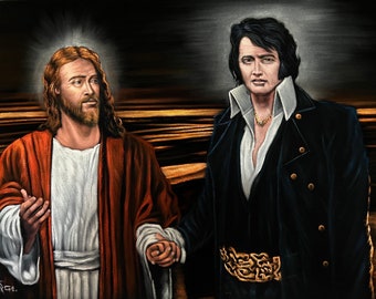 Jesus Christ and Elvis Presley in heaven black velvet oil painting art