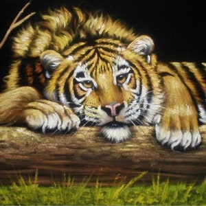 Gelber Tiger schwarzer Samt Ölgemälde handgemalte signierte Kunst