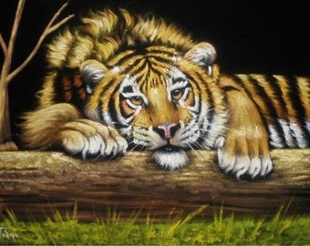 yellow tiger black velvet oil painting handpainted signed art