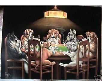 Perros jugando al póquer, pintura al óleo original de terciopelo negro pintada a mano, arte firmado, 18 por 24 pulgadas