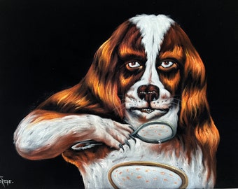 Dog Eating Cereal weird creepy pasta velvet oil painting art odd horror