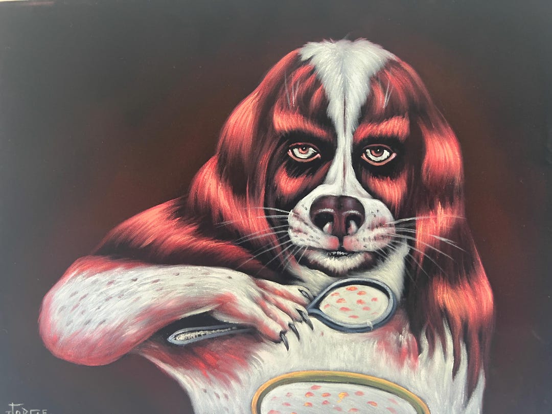 シリアルを食べる犬 奇妙 不気味 パスタ ベルベット 油絵 アート 奇妙