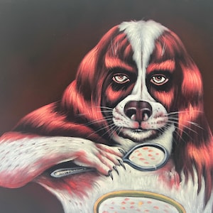 Dog Eating Cereal weird creepy pasta velvet oil painting art odd horror