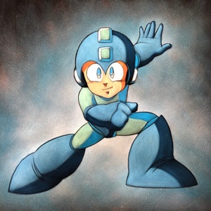 Nintendo Mega Man Rock Man video game character black velvet oil painting hand painted signed art