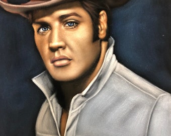 Young cowboy Elvis Presley The king black velvet original oil painting hand painted signed art 18 by 24 inches