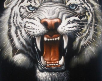White tiger wild animal black velvet oil painting handpainted signed art