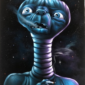 May include: A blue alien with large eyes and a long neck is smoking a cigarette against a black starry background. The alien is looking up and has a surprised expression on its face.