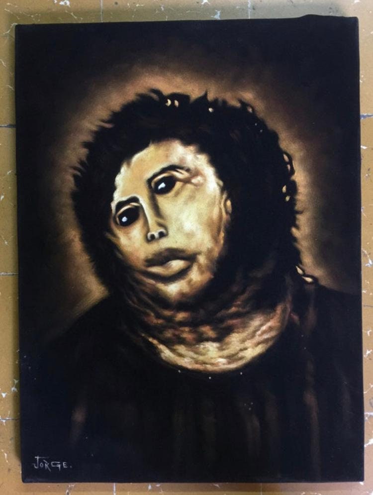 Jesus Christ the restoration of Jesus Fresco bizarre Monkey Christ horror goth black velvet oil painting handpainted signed art