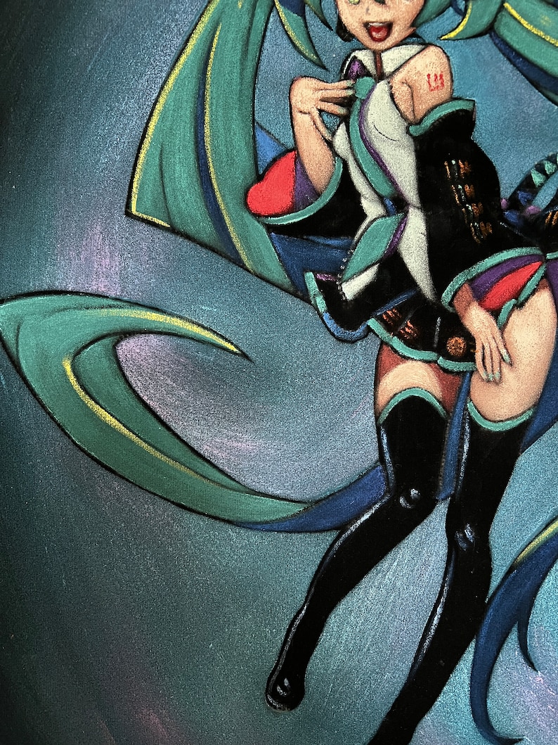 Hatsune miku Anime Figure Vocaloid black velvet Oil Painting Hand Painted Art image 6