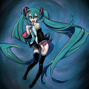 Hatsune miku Anime Figure Vocaloid black velvet Oil Painting Hand Painted Art image 1