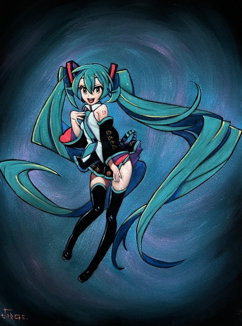 Hatsune miku Anime Figure Vocaloid black velvet Oil Painting Hand Painted Art image 1