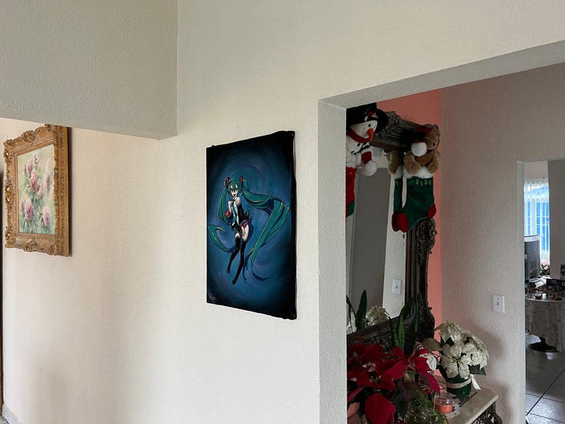 Hatsune miku Anime Figure Vocaloid black velvet Oil Painting Hand Painted Art image 3
