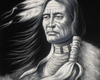 Handmålad oljemålning i svart sammet från Indian Chief