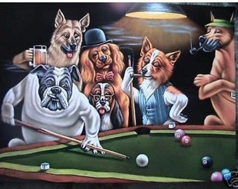 Dogs playing pool black velvet oil painting hand painted signed art