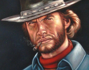 Clint Eastwood badass cowboy legend black velvet oil painting handpainted signed art