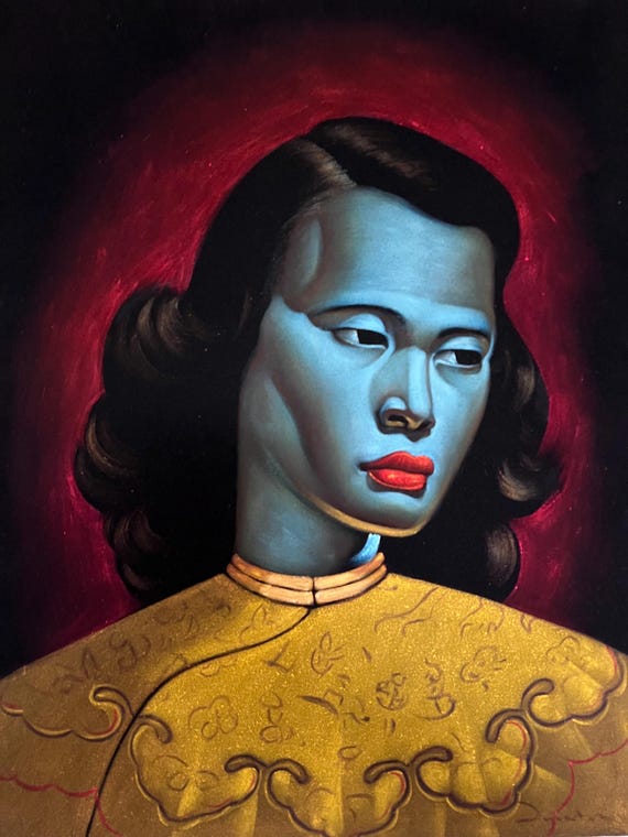 Chinese Girl the Green Lady Black Velvet Oil Painting Signed Chinese Girl the Green Lady Black Velvet Oil Painting Signed