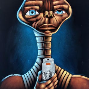 May include: A painting of a brown alien with blue eyes holding a silver can with a mountain scene on it. The alien is wearing a white and gold striped shirt.