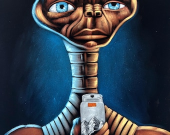 E.T. the Extra-Terrestrial drinking beer black velvet oil painting hand painted signed art