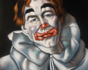 Ledsen clown svart sammet original oljemålning handmålad signerad konst 45 x 60 cm