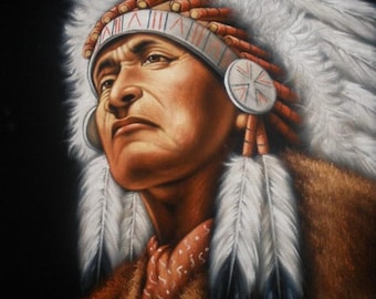 Indian Chief black velvet oil painting hand painted signed art