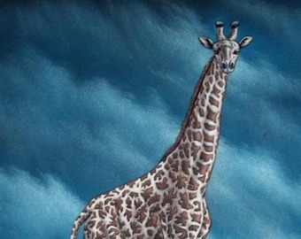 Handmålad oljemålning av giraff i svart sammet, signerad konst