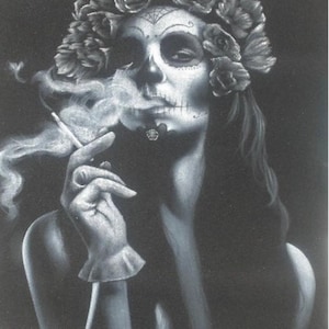 Mexikanischer Catrina Schädel Mädchen schwarzer Samt Ölgemälde handgemalt signiert Kunst No.8