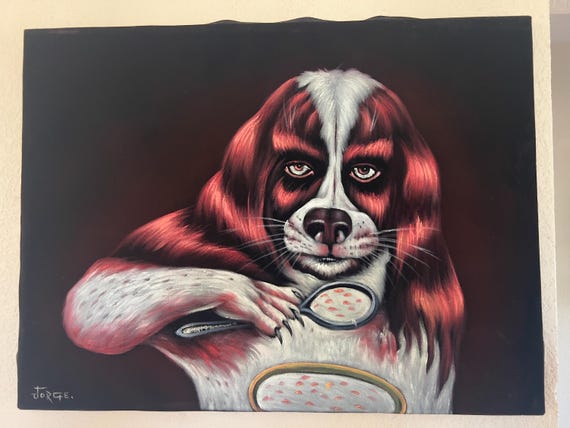 シリアルを食べる犬 奇妙 不気味 パスタ ベルベット 油絵 アート 奇妙