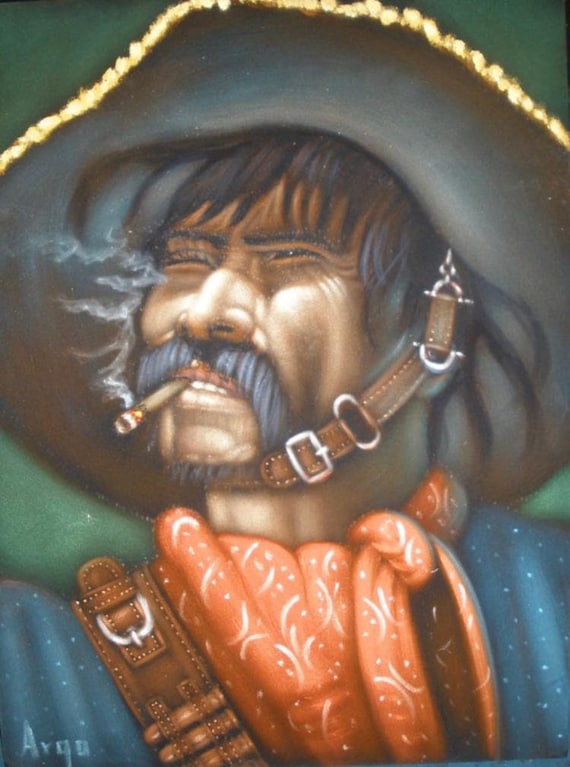 Bandit bandito bandido badass cowboy black velvet oil painting hand painted  signed art