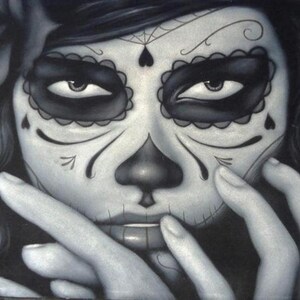 Mexican catrina skull girl black velvet oil painting handpainted signed art No.7