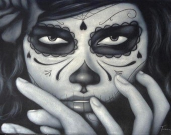 Mexikansk Catrina skalle flicka svart sammet oljemålning handmålad signerad konst nr 7