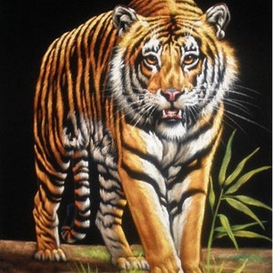 gelber Tiger schwarzer Samt Ölgemälde handgemalt signiert Kunst