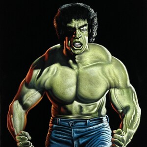 May include: An illustration of the Hulk, a muscular green-skinned character, with an angry expression. He is wearing blue jeans and has dark hair. The background is black.
