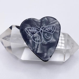 Celestial Butterfly Moth Guitar Pick Pack | Black Pearl Celluloid Heart Picks | Medium Gauge | Unique Gift For Musicians, Guitarists