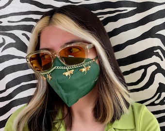 Green Dragonfly Mask Chain | Whimsical Gold-Plated Bug Charm Jewelry | KN95 Bi-Fold Mask Accessory