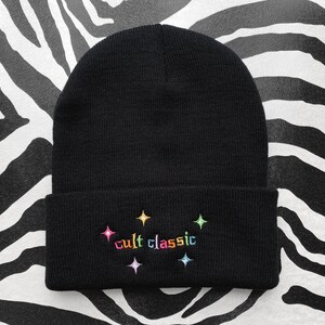 Cult Classic Beanie | Embroidered Rainbow Celestial Cuffed Beanie | Black Winter Accessory