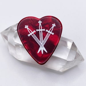Three of Swords Guitar Pick Pack | Red Pearl Celluloid Heart Picks | Medium Gauge | Unique Gift For Musicians, Guitarists