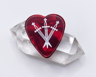 Three of Swords Guitar Pick Pack | Red Pearl Celluloid Heart Picks | Medium Gauge | Unique Gift For Musicians, Guitarists