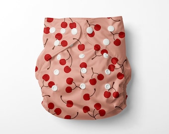 Cherry Cheer Print AWJ Cloth Pocket Diapers | Athletic Wicking Jersey Reusable + Washable Diapers | Waterproof +Adjustable Nappies