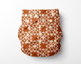 Burnt Orange Quilt Star AWJ Cloth Pocket Diapers | Athletic Wicking Jersey Reusable + Washable Diapers | Waterproof +Adjustable Nappies